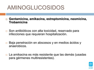 AMINOGLUCOSIDOS
 Gentamicina, amikacina, estreptomicina, neomicina,
Trobamicina
 Son antibióticos con alta toxicidad, reservado para
infecciones que requieran hospitalización.
 Baja penetración en abscesos y en medios ácidos y
anaerobicos.
 La amikacina es más resistente que las demás (usadas
para gérmenes multiresistentes).
 