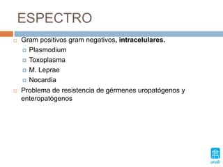 ESPECTRO
 Gram positivos gram negativos, intracelulares.
 Plasmodium
 Toxoplasma
 M. Leprae
 Nocardia
 Problema de resistencia de gérmenes uropatógenos y
enteropatógenos
 