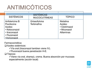 ANTIMICÓTICOS
SISTÉMICOS
SISTÉMICAS
MUCOCUTÁNEAS TÓPICO
Anfotericina B
Flucitocina
Azoles:
• Ketoconazol
• Itraconazol
• Fluconazol
•Voriconazol
Griseofulvina
Terbinafina
Nistatina
Azoles:
• Clotrimazol
• Miconazol
Alilaminas
Farmacocinética:
 Azoles sistémicos:
Vía oral (itraconazol tambien viene IV).
Fluconazol buena penetración H-E.
 Tópicos:
Viene vía oral, shampú, crema. Buena absorción por mucosas
especialmente (acción local)
 