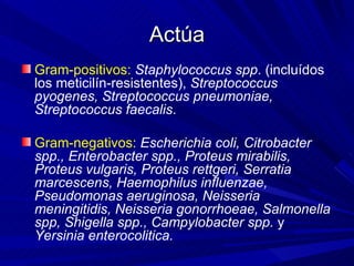 Actúa <ul><li>Gram-positivos:  Staphylococcus spp . (incluídos los meticilín-resistentes),  Streptococcus pyogenes, Strept...