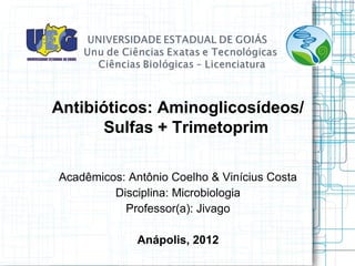 Antibióticos: Aminoglicosídeos/
       Sulfas + Trimetoprim

Acadêmicos: Antônio Coelho & Vinícius Costa
         Disciplina: Microbiologia
           Professor(a): Jivago

              Anápolis, 2012
 