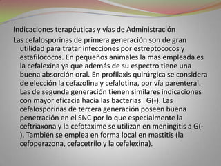 Indicaciones terapéuticas y vías de Administración
Las cefalosporinas de primera generación son de gran
  utilidad para tratar infecciones por estreptococos y
  estafilococos. En pequeños animales la mas empleada es
  la cefalexina ya que además de su espectro tiene una
  buena absorción oral. En profilaxis quirúrgica se considera
  de elección la cefazolina y cefalotina, por vía parenteral.
  Las de segunda generación tienen similares indicaciones
  con mayor eficacia hacia las bacterias G(-). Las
  cefalosporinas de tercera generación poseen buena
  penetración en el SNC por lo que especialmente la
  ceftriaxona y la cefotaxime se utilizan en meningitis a G(-
  ). También se emplea en forma local en mastitis (la
  cefoperazona, cefacetrilo y la cefalexina).
 