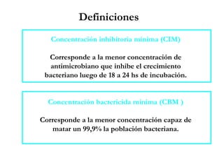 Concentración inhibitoria mínima (CIM)
Corresponde a la menor concentración de
antimicrobiano que inhibe el crecimiento
bacteriano luego de 18 a 24 hs de incubación.
Concentración bactericida mínima (CBM )
Corresponde a la menor concentración capaz de
matar un 99,9% la población bacteriana.
Definiciones
 
