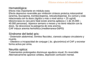 Hematológica:
Efecto más importante en médula osea
Efecto depresivo reversible por inhibición síntesis proteíca mitocondrial.
(anemia, leucopenia, trombocitopenia, reticulocitopenia). Es común y está
relacionada con la dosis (4g/día o más o nivel sérico > 25 ug/ml)
Idiosincrasia es rara pero fatal existe anemia aplásica ( 1 de 25.000 –
40.000 personas). Aparece semans o meses y no tiene relación con la
dosis. Se desconoce la patogenia de esta anemia.
CAF induce anemia hemolítica (mediterranea-G6PD)
Síndrome del bebé gris:
- Distensión abdominal, vómitos flaccidez, cianosis colapso circulatorio y
muerte.
- Obedece a incapacidad de conjugar ( ác. glucorónico) el CAF y excretar
forma activa por orina.
Neuritis optica:
Tratamientos prolongados disminuye agudeza visual. Es reversible
Alternativamente aparece cefalea, depresión confusión mental.
Efectos tóxicos del cloramfenicol
 
