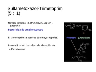 Sulfametoxazol-Trimetoprim
(5 : 1)
Nombre comercial : Cotrimoxazol, Septrin ,
Bactrimel
Bactericida de amplio espectro
El trimetoprim se absorbe con mayor rapidez.
La combinación torna lenta la absorción del
sulfametoxazol .
 