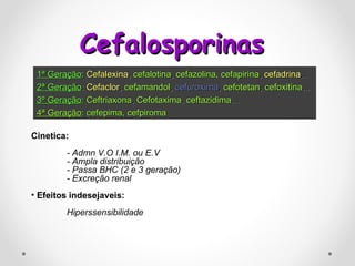 Cefalosporinas  1ª Geração :   Cefalexina ,  cefalotina ,  cefazolina,   cefapirina ,  cefadrina ... 2ª Geração :  Cefaclor ,  cefamandol ,  cefuroxima ,  cefotetan ,  cefoxitina ... 3º Geração :   Ceftriaxona ,  Cefotaxima ,  ceftazidima ... 4ª Geração :   cefepima, cefpiroma Cinetica: - Admn V.O I.M. ou E.V - Ampla distribuição  - Passa BHC (2 e 3 geração) - Excreção renal  Efeitos indesejaveis: Hiperssensibilidade 