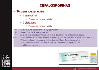 CEFALOSPORINAS
 Tercera generación
 Ceftazidima
 Frascos de 1 gramo . Vía IV
 Ceftriaxona
 Frascos de 1 gramo . Vía IV
 