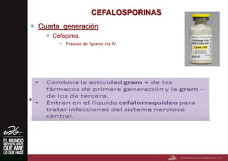 CEFALOSPORINAS
 Cuarta generación
 Cefepima.
 Frascos de 1gramo vía IV
 