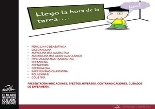 • PENICILINA G BENZATÍNICA
• DICLOXACILINA
• AMPICILINA MAS SULBACTAM
• AMOXICILINA MAS ÁCIDO CLAVULÁNICO
• PIPERACILINA MAS TAZOBACTAM
• CEFAZOLINA
• CEFTAZIDIMA
• CEFTRIAXONA.
• IMIPENEM MAS CILASTATINA
• POLIMIXINA B
• COLISTINA
PRESENTACIÓN INDICACIONES, EFECTOS ADVERSOS, CONTRAINDICACIONES, CUIDADOS
DE ENFERMERÍA.
 