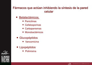 Fármacos que actúan inhibiendo la síntesis de la pared
celular
 Betalactámicos.
 Penicilinas
 Cefalosporinas
 Carbapenemas
 Monobactámicos
 Glucopéptidos
 Vancomicina
 Lipopéptidos
 Polimixina
 