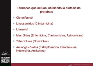 Fármacos que actúan inhibiendo la síntesis de
proteínas
 Cloranfenicol
 Lincosamidas (Clindamicina)
 Linezolid
 Macrólidos (Eritomicina, Claritromicina, Azitromicina)
 Tetraciclinas (Doxiciclina)
 Aminoglucósidos (Estreptomicina, Gentamicina,
Neomicina, Amikacina)
 