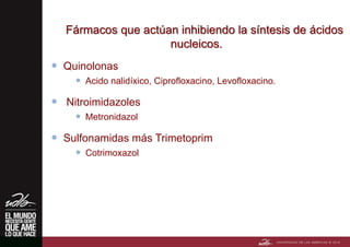 Fármacos que actúan inhibiendo la síntesis de ácidos
nucleicos.
 Quinolonas
 Acido nalidíxico, Ciprofloxacino, Levofloxacino.
 Nitroimidazoles
 Metronidazol
 Sulfonamidas más Trimetoprim
 Cotrimoxazol
 