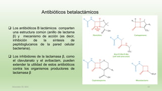 December 29, 2023 23
❑ Los antibióticos B lactámicos comparten
una estructura común (anillo de lactama
β) y mecanismo de acción (es decir,
inhibición de la síntesis de
peptidoglucanos de la pared celular
bacteriana).
❑ Los inhibidores de la lactamasa β, como
el clavulanato y el avibactam, pueden
extender la utilidad de estos antibióticos
contra los organismos productores de
lactamasa β
Antibióticos betalactámicos
 