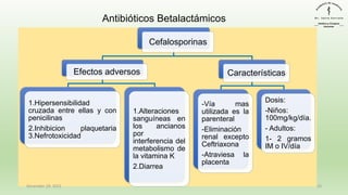 S
Cefalosporinas
Efectos adversos
1.Hipersensibilidad
cruzada entre ellas y con
penicilinas
2.Inhibicion plaquetaria
3.Nefrotoxicidad
1.Alteraciones
sanguíneas en
los ancianos
por
interferencia del
metabolismo de
la vitamina K
2.Diarrea
Características
-Vía mas
utilizada es la
parenteral
-Eliminación
renal excepto
Ceftriaxona
-Atraviesa la
placenta
Dosis:
-Niños:
100mg/kg/día.
- Adultos:
1- 2 gramos
IM o IV/día
December 29, 2023 33
Antibióticos Betalactámicos
 