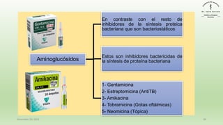 Aminoglucósidos
En contraste con el resto de
inhibidores de la síntesis proteica
bacteriana que son bacteriostáticos
Estos son inhibidores bactericidas de
la síntesis de proteína bacteriana
1- Gentamicina
2- Estreptomicina (AntiTB)
3- Amikacina
4- Tobramicina (Gotas oftálmicas)
5- Neomicina (Tópica)
December 29, 2023 38
 