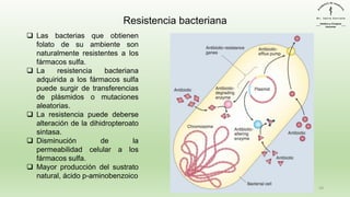 59
Resistencia bacteriana
❑ Las bacterias que obtienen
folato de su ambiente son
naturalmente resistentes a los
fármacos sulfa.
❑ La resistencia bacteriana
adquirida a los fármacos sulfa
puede surgir de transferencias
de plásmidos o mutaciones
aleatorias.
❑ La resistencia puede deberse
alteración de la dihidropteroato
sintasa.
❑ Disminución de la
permeabilidad celular a los
fármacos sulfa.
❑ Mayor producción del sustrato
natural, ácido p-aminobenzoico
 