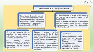 Mecanismo de acción y resistencia
Bactericidas de amplio espectro
que inhiben la topoisomerasa II
y topoisomerasa IV bacteriana,
Requeridas para, replicación
transcripción, reparación y
recombinación del ADN
Elongación anormal de la
bacteria, ya que pierde la
estructura superenrollada y
aumenta de volumen.
La accion sobre
topoisomerasa II se asocia
con una potencial actividad
antitumoral de las nuevas
quinolonas
Algunas actuan sobre
topoisomerasa IV. En E- Coli
esta enzima seria la segunda
diana, pero en staphilococcus
aureus seria la primera diana.
Moxifloxino inhibe
principalmente topoisomerasa
II en Gram -, pero inhiben
también a la topoisomerasa IV
en Gram+
La inhibición de la ADN girasa explica
su efecto bacteriostático pero no el
bactericida.
Para la muerte bacteriana es necesario
que sobre las roturas de ADN, actúen
exonucleasas, para la destrucción
definitiva del ADN
Resistencia:
Existe resistencia cruzada
entre los de primera
generación, así como
también entre
fluoroquinolonas.
Mutación de la enzima.
Expulsión del fármaco
 