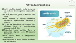 ❑ Acido nalidíxico es activo contra la mayoría
de bacterias Gram negativas responsables
de IVU.
❑ E Coli, Klebsiella, proteus Mirabillis entre
otras.
❑ Las bacterias a menudo desarrollan
resistencia especialmente Klebsiella y
proteus
❑ Todas las fluoroquinolonas resultan muy
efectivas frente a enterobacterias,
especialmente E Coli.
❑ Presentan buena actividad frente a
patógenos atípicos como Mycoplasma
Pneumoniae .
❑ Son activos frente a Streptococcus
Pneumoniae
❑ Levofloxacino es activa frente a la mayoría
de Micobacterias.
Actividad antimicrobiana
 