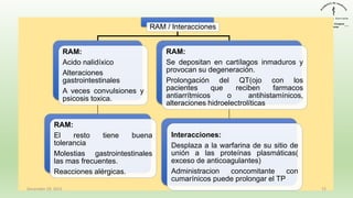 RAM / Interacciones
RAM:
Acido nalidíxico
Alteraciones
gastrointestinales
A veces convulsiones y
psicosis toxica.
RAM:
El resto tiene buena
tolerancia
Molestias gastrointestinales
las mas frecuentes.
Reacciones alérgicas.
RAM:
Se depositan en cartílagos inmaduros y
provocan su degeneración.
Prolongación del QT(ojo con los
pacientes que reciben farmacos
antiarrítmicos o antihistamínicos,
alteraciones hidroelectrolíticas
Interacciones:
Desplaza a la warfarina de su sitio de
unión a las proteínas plasmáticas(
exceso de anticoagulantes)
Administracion concomitante con
cumarínicos puede prolongar el TP
December 29, 2023 72
 