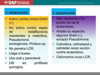 1° GENERACION
• Activo contra cocos Gram
(+).
• No activo contra cepas
de estafilococos
resistentes a meticilina,
Pseudomona
aureoginosa, Proteus sp.
• No penetra LCR.
• Llega a hueso.
• Uso oral y parenteral.
• Util en profilaxis
quirúgica.
2° GENERACION
• Más resistente a la
acción de las B
lactamasas.
• Amplia su espectro
algunos Gram (-),
excepto Pseudomona.
• Cefoxitina, cefmetazol y
cefotetán ienen acción
contra anaerobios.
• Cefuroxima cruza LCR.
 