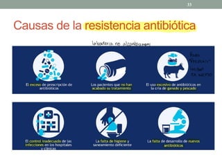 Causas de la resistencia antibiótica
33
labacteria no alcanzaa morir
para
Prevenir"
les dan
en exceso
 