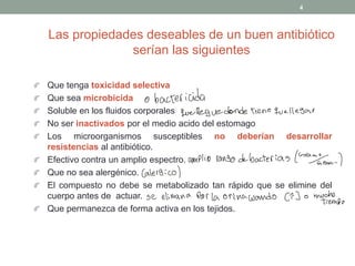 Las propiedades deseables de un buen antibiótico
serían las siguientes
Que tenga toxicidad selectiva
Que sea microbicida
Soluble en los fluidos corporales
No ser inactivados por el medio acido del estomago
Los microorganismos susceptibles no deberían desarrollar
resistencias al antibiótico.
Efectivo contra un amplio espectro.
Que no sea alergénico.
El compuesto no debe se metabolizado tan rápido que se elimine del
cuerpo antes de actuar.
Que permanezca de forma activa en los tejidos.
4
• bactericida
quelleguedonde tiene que llegar
amplio rango de bacterias levantaran.
)
Caleros i co )
se elimina Por la orina cuando CTJ o
mutfempo
 
