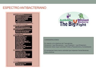 ESPECTROANTIBACTERIANO
CONSIDERACIONES
En relación a la cobertura de P.aeruginosa.
Doripenem >que Meropenem > que Imipenem > que Ertapenem.
Doripenem tiene mayor actividad Frente a Pseudomona y Acinetobacter.
El meropenem tiene menor actividad que imipenem frente Bacterias
Gram positivas.
 