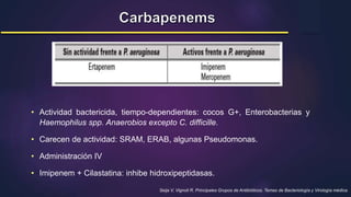 Seija V, Vignoli R. Principales Grupos de Antibióticos. Temas de Bacteriología y Virología médica.
• Actividad bactericida, tiempo-dependientes: cocos G+, Enterobacterias y
Haemophilus spp. Anaerobios excepto C. difficille.
• Carecen de actividad: SRAM, ERAB, algunas Pseudomonas.
• Administración IV
• Imipenem + Cilastatina: inhibe hidroxipeptidasas.
 