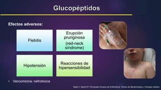 Seija V, Vignoli R. Principales Grupos de Antibióticos. Temas de Bacteriología y Virología médica.
• Vancomicina: nefrotóxica
Flebitis
Erupción
pruriginosa
(red-neck
síndrome)
Hipotensión
Reacciones de
hipersensibilidad
Efectos adversos:
 
