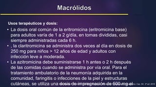 • La dosis oral común de la eritromicina (eritromicina base)
para adultos varía de 1 a 2 g/día, en tomas divididas, casi
siempre administradas cada 6 h.
• , la claritromicina se administra dos veces al día en dosis de
250 mg para niños > 12 años de edad y adultos con
infección leve a moderada.
• La azitromicina debe suministrarse 1 h antes o 2 h después
de las comidas cuando se administra por vía oral. Para el
tratamiento ambulatorio de la neumonía adquirida en la
comunidad, faringitis o infecciones de la piel y estructuras
cutáneas, se utiliza una dosis de impregnación de 500 mg el
Hilal-Dandan R, Brunton L. Goodman & Gilman – Manual de Farmacología y terapéutica. Cap. 54; 2a ed. 2015
Usos terapéuticos y dosis:
 