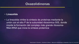 • Linezolida
• La linezolida inhibe la síntesis de proteínas mediante la
unión con el sitio P de la subunidad ribosómica 50S, donde
impide la formación del complejo más grande ribosoma-
fMet-tRNA que inicia la síntesis proteínica
Hilal-Dandan R, Brunton L. Goodman & Gilman – Manual de Farmacología y terapéutica. Cap. 54; 2a ed. 2015
 