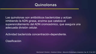 Las quinolonas son antibióticos bactericidas y actúan
inhibiendo la ADN girasa, enzima que cataliza el
superenrollamiento del ADN cromosómico, que asegura una
adecuada división celular.
Actividad bactericida concentración-dependiente.
Clasificación
Hilal-Dandan R, Brunton L. Goodman & Gilman – Manual de Farmacología y terapéutica. Cap. 54; 2a ed. 2015
 