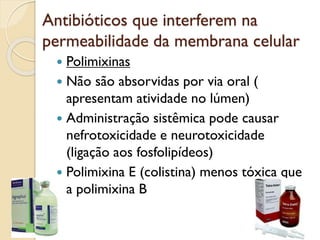 Antibióticos que interferem na
permeabilidade da membrana celular
 Polimixinas
 Não são absorvidas por via oral (
apresentam atividade no lúmen)
 Administração sistêmica pode causar
nefrotoxicidade e neurotoxicidade
(ligação aos fosfolipídeos)
 Polimixina E (colistina) menos tóxica que
a polimixina B
 