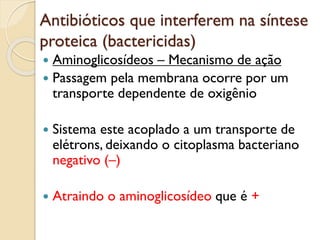 Antibióticos que interferem na síntese
proteica (bactericidas)
 Aminoglicosídeos – Mecanismo de ação
 Passagem pela membrana ocorre por um
transporte dependente de oxigênio
 Sistema este acoplado a um transporte de
elétrons, deixando o citoplasma bacteriano
negativo (–)
 Atraindo o aminoglicosídeo que é +
 