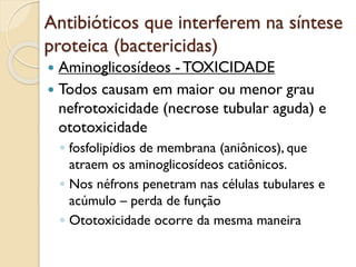 Antibióticos que interferem na síntese
proteica (bactericidas)
 Aminoglicosídeos - TOXICIDADE
 Todos causam em maior ou menor grau
nefrotoxicidade (necrose tubular aguda) e
ototoxicidade
◦ fosfolipídios de membrana (aniônicos), que
atraem os aminoglicosídeos catiônicos.
◦ Nos néfrons penetram nas células tubulares e
acúmulo – perda de função
◦ Ototoxicidade ocorre da mesma maneira
 