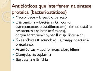 Antibióticos que interferem na síntese
proteica (bacteriostáticos)
 Macrolídeos – Espectro de ação
 Eritromicina – Bactérias G+ como
estreptococos e estafilococos ( além de estafilo
resistentes aos betalactâmicos),
corynebacterium sp., bacillus sp., listeria sp.
 G- aeróbicas = actinobacilus, campylobacter e
brucella sp.
 Anaeróbicas = actinomyces, clostridium
 Clamydia, mycoplasma
 Bordetella e Erlichia
 