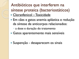Antibióticos que interferem na
síntese proteica (bacteriostáticos)
 Cloranfenicol –Toxicidade
 Em cães e gatos anemia aplástica e redução
da síntese de anticorpos relacionados:
◦ a dose e duração do tratamento
 Gatos aparentemente mais sensíveis
 Suspenção - desaparecem os sinais
 