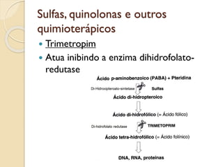 Sulfas, quinolonas e outros
quimioterápicos
 Trimetropim
 Atua inibindo a enzima dihidrofolato-
redutase
 