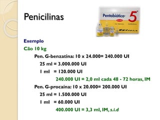 Exemplo
Cão 10 kg
Pen. G-benzatina: 10 x 24.000= 240.000 UI
25 ml = 3.000.000 UI
1 ml = 120.000 UI
240.000 UI = 2,0 ml cada 48 - 72 horas, IM
Pen. G-procaína: 10 x 20.000= 200.000 UI
25 ml = 1.500.000 UI
1 ml = 60.000 UI
400.000 UI = 3,3 ml, IM, s.i.d
Penicilinas
 