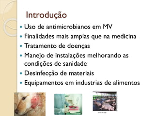 Introdução
 Uso de antimicrobianos em MV
 Finalidades mais amplas que na medicina
 Tratamento de doenças
 Manejo de instalações melhorando as
condições de sanidade
 Desinfecção de materiais
 Equipamentos em industrias de alimentos
 