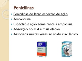 Penicilinas
 Penicilinas de largo espectro de ação
 Amoxicilina
 Espectro e ação semelhante a ampicilina
 Absorção no TGI é mais efetiva
 Associada muitas vezes ao ácido clavulânico
 