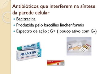 Antibióticos que interferem na síntese
da parede celular
 Bacitracina
 Produzida pelo baccillus linchenformis
 Espectro de ação : G+ ( pouco ativo com G-)
 