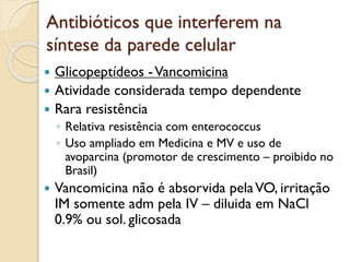 Antibióticos que interferem na
síntese da parede celular
 Glicopeptídeos -Vancomicina
 Atividade considerada tempo dependente
 Rara resistência
◦ Relativa resistência com enterococcus
◦ Uso ampliado em Medicina e MV e uso de
avoparcina (promotor de crescimento – proibido no
Brasil)
 Vancomicina não é absorvida pelaVO, irritação
IM somente adm pela IV – diluida em NaCl
0.9% ou sol. glicosada
 