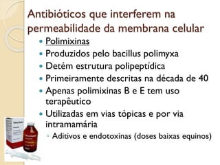 Antibióticos que interferem na
permeabilidade da membrana celular
 Polimixinas
 Produzidos pelo bacillus polimyxa
 Detém estrutura polipeptídica
 Primeiramente descritas na década de 40
 Apenas polimixinas B e E tem uso
terapêutico
 Utilizadas em vias tópicas e por via
intramamária
◦ Aditivos e endotoxinas (doses baixas equinos)
 