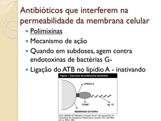 Antibióticos que interferem na
permeabilidade da membrana celular
 Polimixinas
 Mecanismo de ação
 Quando em subdoses, agem contra
endotoxinas de bactérias G-
 Ligação do ATB no lipídio A - inativando
 