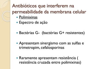 Antibióticos que interferem na
permeabilidade da membrana celular
 Polimixinas
 Espectro de ação
 Bactérias G- (bactérias G+ resistentes)
 Apresentam sinergismo com as sulfas e
trimetropim, cefalosporinas
 Raramente apresentam resistência (
resistência cruzada entre polimixinas)
 