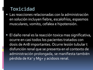 Toxicidad
 Las reacciones relacionadas con la administración
en solución incluyen fiebre, escalofríos, espasmos
musculares, vomito, cefalea e hipotensión.
 El daño renal es la reacción toxica mas significativa,
ocurre en casi todos los pacientes tratados con
dosis de AnB importantes. Ocurre lesión tubular t
disfunción renal que se presenta en el contexto de
administración prolongada, se manifiesta también
pérdida de Ka+ y Mg+ y acidosis renal.
 