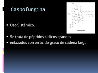 Caspofungina
 Uso Sistémico.
 Se trata de péptidos cíclicos grandes
 enlazados con un ácido graso de cadena larga.
 