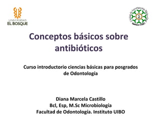 Conceptos básicos sobre
       antibióticos
Curso introductorio ciencias básicas para posgrados
                  de Odontología



              Diana Marcela Castillo
           Bcl, Esp, M.Sc Microbiología
     Facultad de Odontología. Instituto UIBO
 