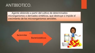 ANTIBIOTICO.
Agente obtenido a partir del cultivo de determinados
microrganismos o derivados sintéticos, que destruye o impide el
crecimiento de los microorganismos sensibles.
 